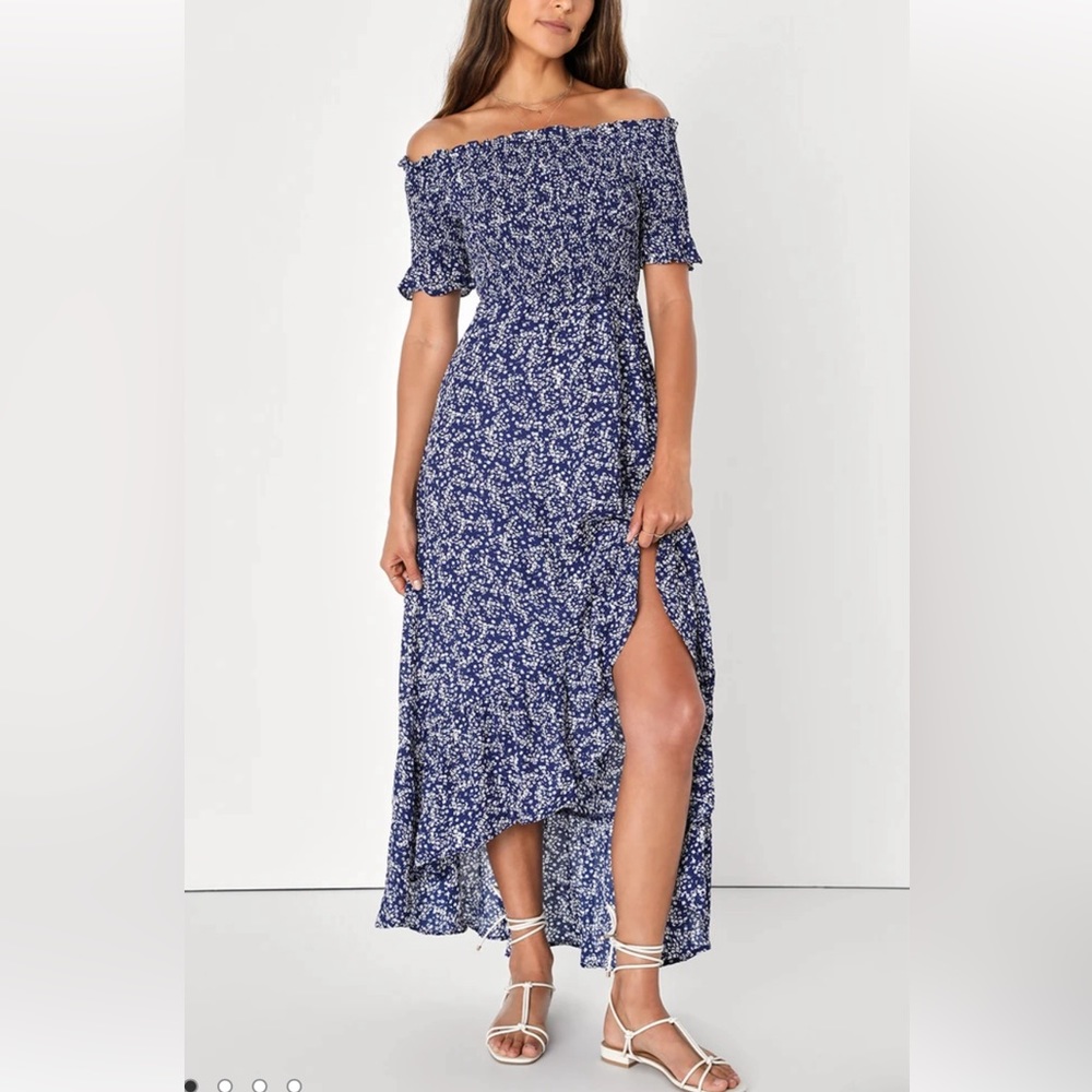 Lulus navy floral off the shoulder dress